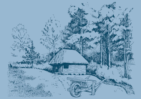Wooden cottage in the forest. Hand drawn vector illustration in sketch style.のイラスト素材