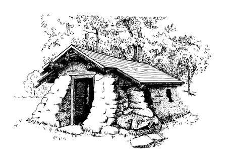 An image of a log cabin, vintage line drawing or engraving illustration.のイラスト素材