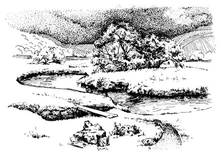 Landscape of the river, vintage line drawing or engraving illustration.のイラスト素材
