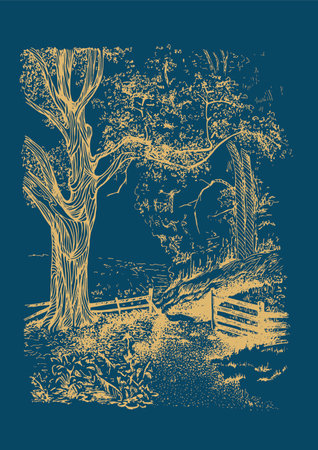 Illustration of a tree in the park on a blue background.のイラスト素材