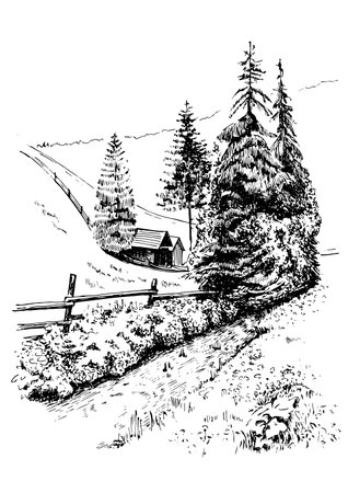 Lonely house in the mountains, vintage line drawing or engraving illustrationのイラスト素材