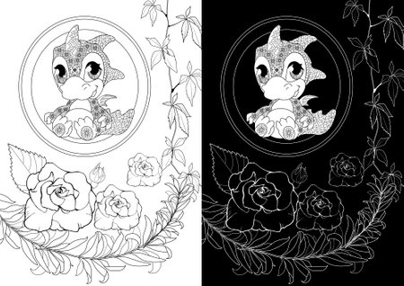 Coloring book for adults and older children. Coloring page with a picture of an owl and roses.のイラスト素材
