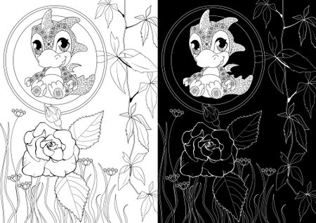 Coloring book for adults and children. Coloring page with black and white roses.のイラスト素材
