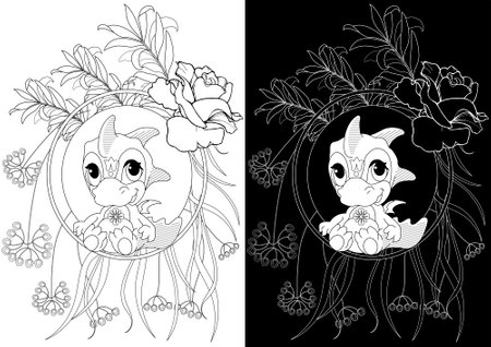 Black and white vector illustration for coloring book with a cute rabbit and butterfliesのイラスト素材