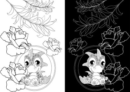 Black and white vector image of a cute kawaii fish with flowers.のイラスト素材