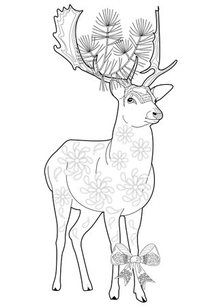 Deer with Christmas ornaments. Black and white vector illustration.のイラスト素材
