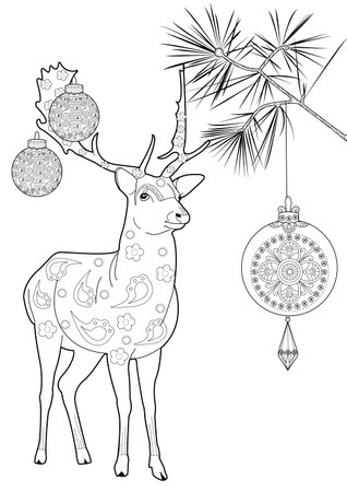 Deer with Christmas ornaments. Coloring page for adults.のイラスト素材