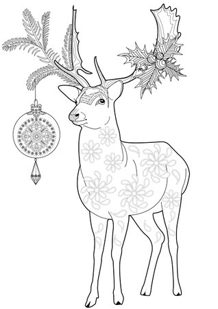 Christmas deer with ornaments. Coloring page for adults.のイラスト素材