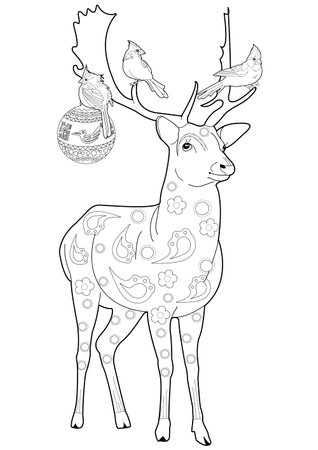 Christmas deer with a basket of gifts. Coloring book antistress for children and adults.のイラスト素材