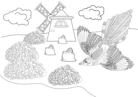 Hand drawn doodle sketch of a bird in front of a windmillのイラスト素材