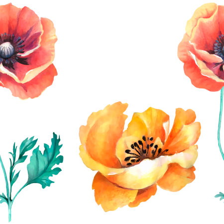 Seamless pattern with watercolor poppies. Vector illustration.のイラスト素材