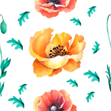 Seamless pattern with watercolor poppies. Hand-drawn illustration.のイラスト素材