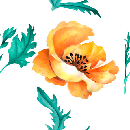 Seamless pattern with watercolor poppies. Hand drawn illustration.のイラスト素材