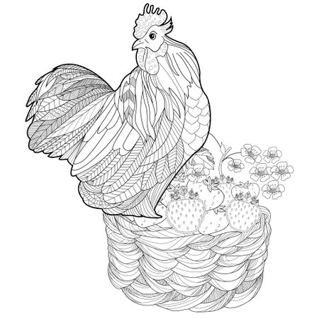 Hand drawn rooster with a basket of apples. Zentangle style. Vector illustration.のイラスト素材