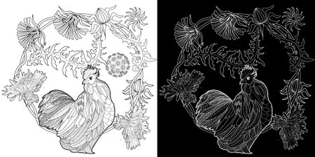 Black and white vector image of a rooster with flowers and leaves.のイラスト素材