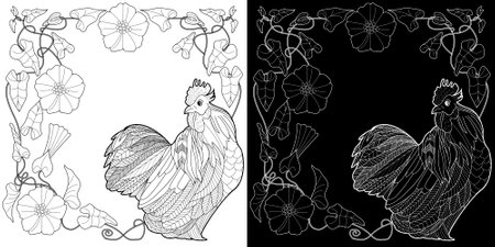 Coloring page with rooster and flowers. Black and white vector illustration.のイラスト素材