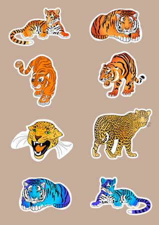 Set of tiger stickers. Cute cartoon characters. Vector illustration.のイラスト素材