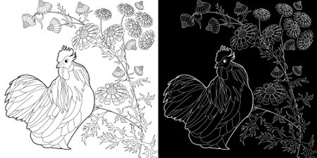 Coloring page with rooster and flowers. Black and white vector illustration.のイラスト素材
