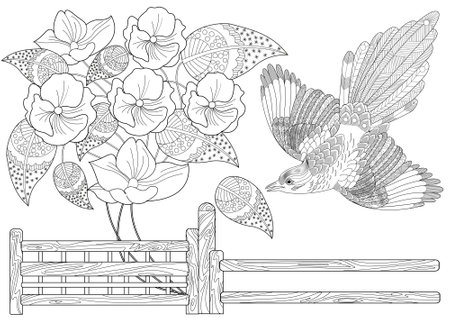 Two seagulls sit on a fence with flowers. Coloring book anti stress for adults.Zen art style illustration for print.のイラスト素材