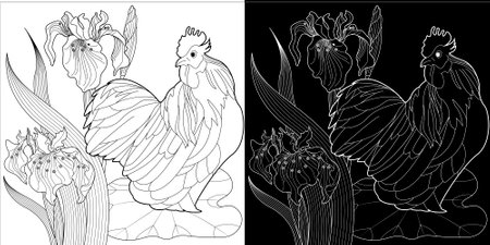Coloring page with rooster and flowers on black and white backgroundのイラスト素材