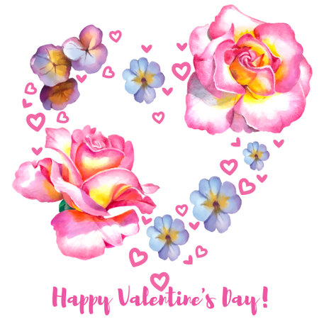 Happy Valentines Day greeting card with watercolor roses and hearts.のイラスト素材