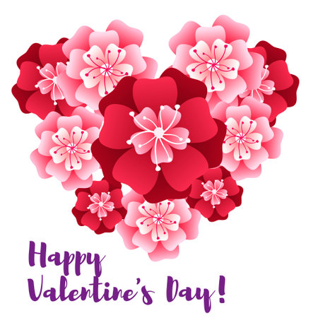 Happy Valentines day card with heart made of flowers. Vector illustration.のイラスト素材