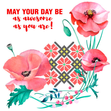 Watercolor greeting card with poppies, embroidery.の写真素材