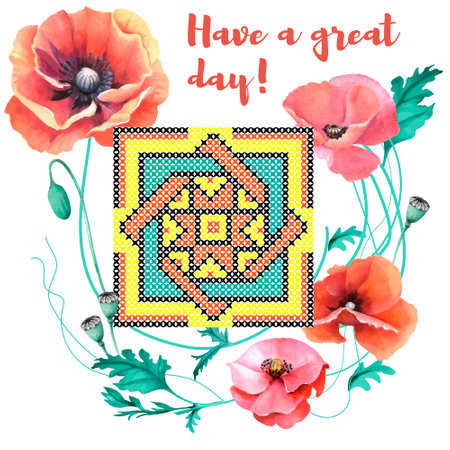 Watercolor card with poppies and embroidery. Vector illustration.の写真素材