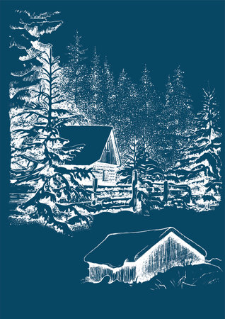 Wooden church in winter, vintage line drawing or engraving illustration.のイラスト素材