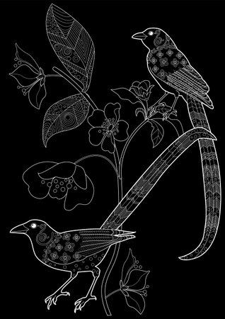 Tribal birds and flowers in black and white. Vector illustration.のイラスト素材