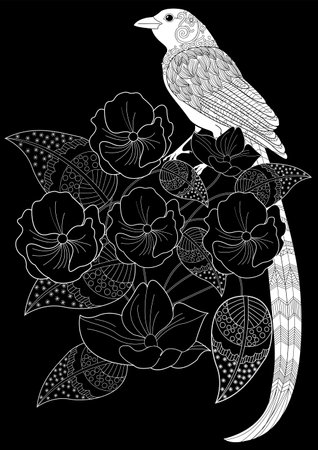 Bird and flowers. Black and white illustration for adult coloring book.のイラスト素材