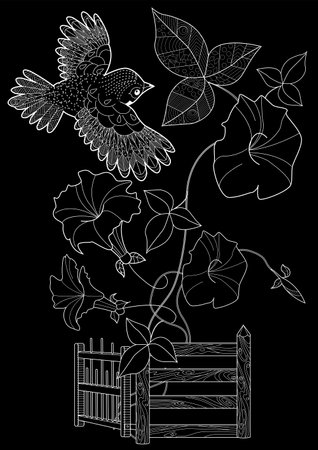 Garden fence with birds and flowers. Black and white vector illustration.のイラスト素材