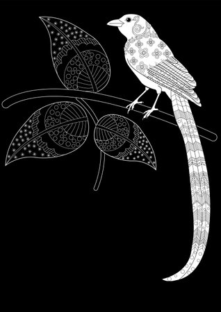 Black and white illustration of a bird on a branch with leaves.のイラスト素材