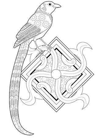 Black and white illustration of a bird with a pattern on the wingsのイラスト素材