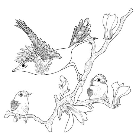 Set of hand drawn birds and flowers. Vector illustration. Sketch.のイラスト素材