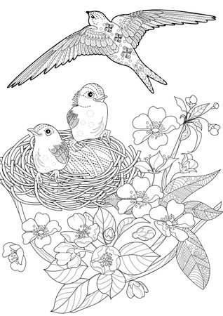 Black and white illustration of a nest with birds and flowers. Coloring book for adults.のイラスト素材