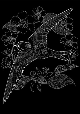 Sketch of a bird with flowers on a black background.のイラスト素材