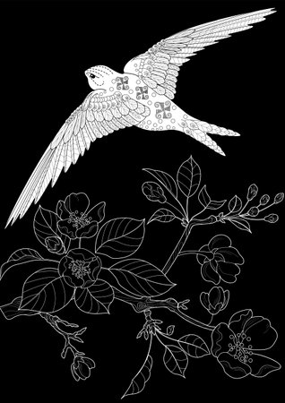 Swallow bird with flowers. Coloring book for adults and older children. Black and white vector illustration.のイラスト素材