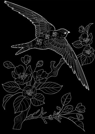 Black and white illustration of a swallow flying over the blooming apple tree.のイラスト素材