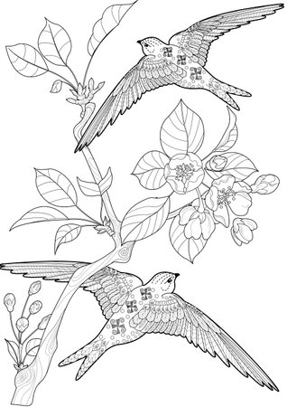 Sketch of a swallow on a branch with flowers and leavesのイラスト素材