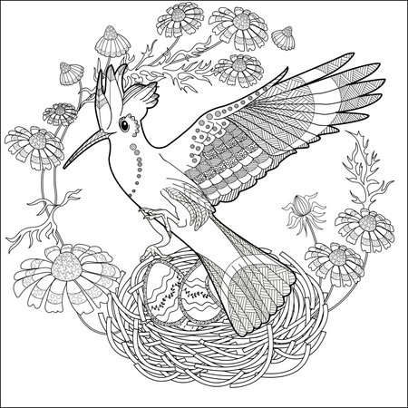 Coloring book for adults and older children. Coloring page with bird and flowers. Black and white vector illustration.のイラスト素材