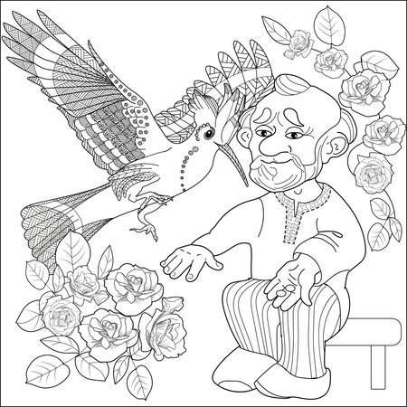 Coloring book for adults and older children. Coloring page with a picture of a bird sitting on a bench with roses.のイラスト素材