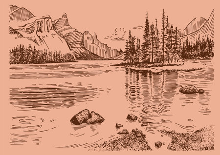 Lake Louise, Banff National Park, Alberta, Canada. Hand drawn vector illustration.のイラスト素材