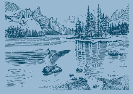 Lake Louise in Banff National Park, Alberta, Canada. Hand drawn vector illustration.のイラスト素材