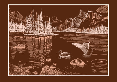 Mountains and lake. Vector illustration. Vintage hand drawn sketch.のイラスト素材