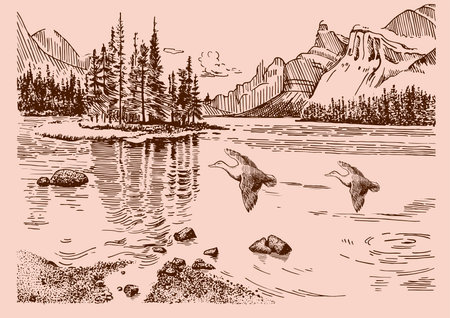 Mountain landscape with lake, mountains and birds. Vector illustration.のイラスト素材