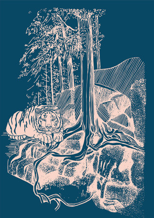 Tiger in the forest. Hand drawn vector illustration. Engraved style.のイラスト素材