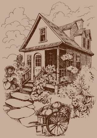House in the garden. Vector hand drawn illustration in vintage style.のイラスト素材