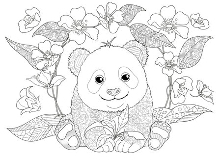 Cute cartoon panda with flowers. Coloring page for adults.のイラスト素材