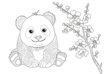 Coloring book for adults and older children. Coloring page with panda. Black and white illustration.のイラスト素材
